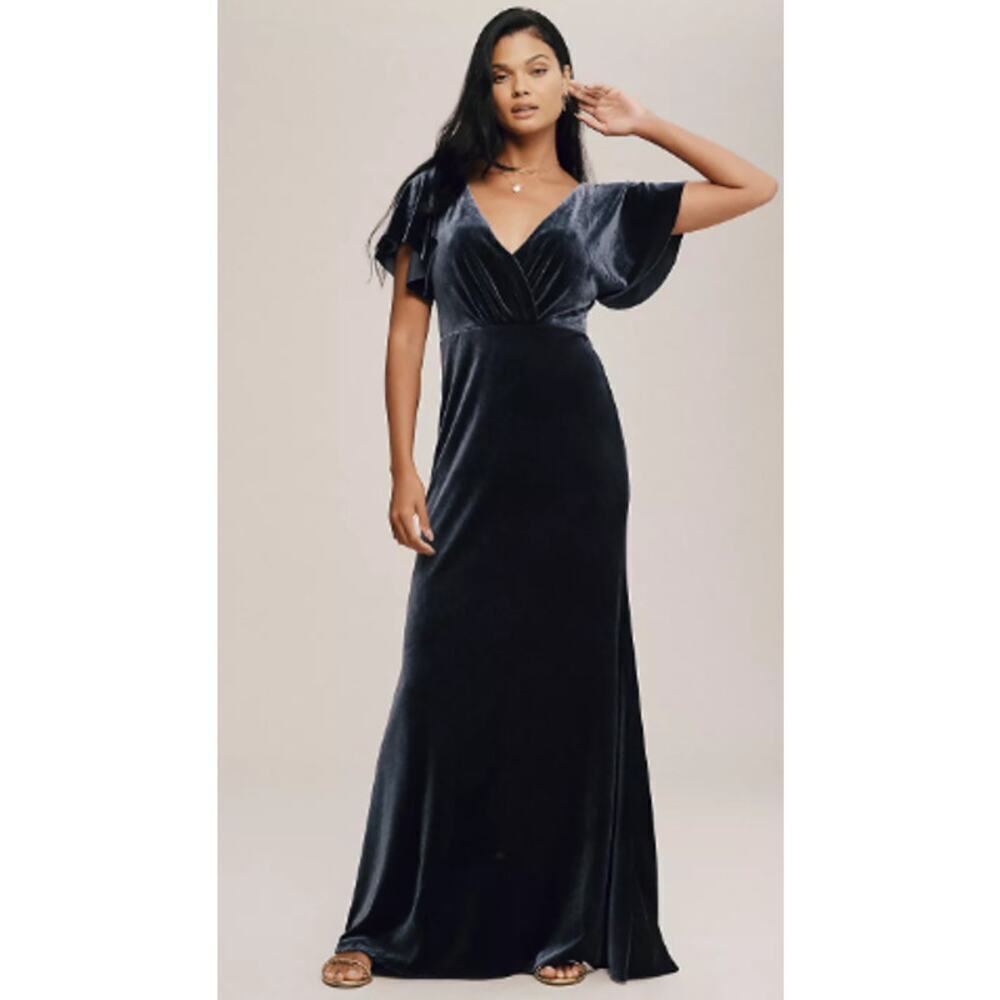 Anthro Jenny Yoo Ellis Light Blue Flutter Sleeve Open Back Velvet Dress Gown 10